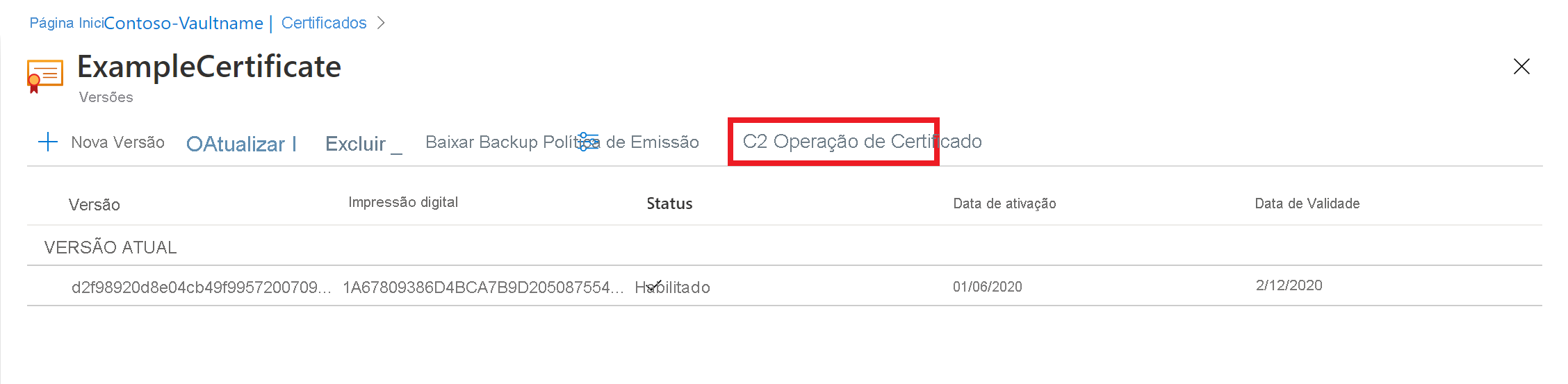 Screenshot que mostra o separador Operação certificado.