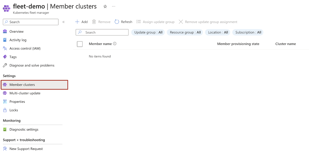 Captura de ecrã da página do portal do Azure para clusters de membros do Azure Kubernetes Fleet Manager.