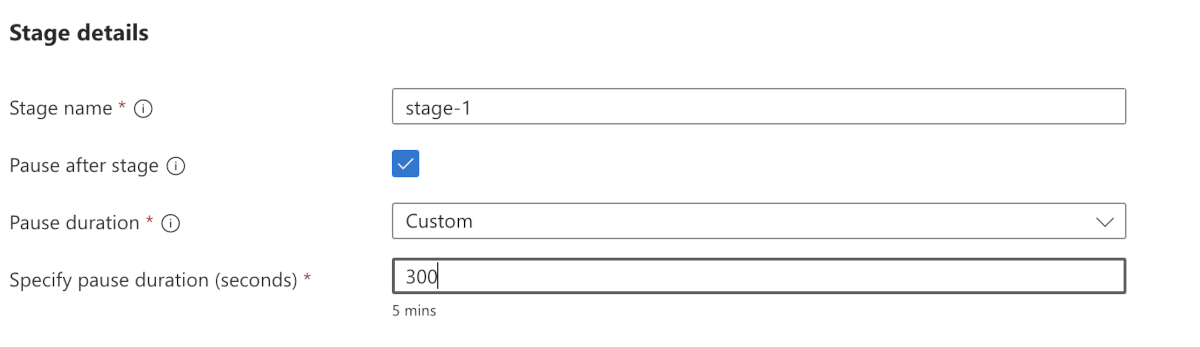 Captura de ecrã da página do portal do Azure para criar um palco e definir o tempo de espera.