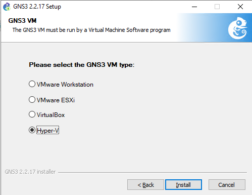 Captura de ecrã que mostra a página VM GNS3 no assistente de instalação GNS3, com a opção Hyper-V selecionada.