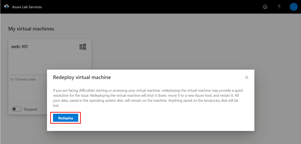Captura de tela que mostra a caixa de diálogo de confirmação para reimplantar uma única VM no portal da Web do Lab Services.
