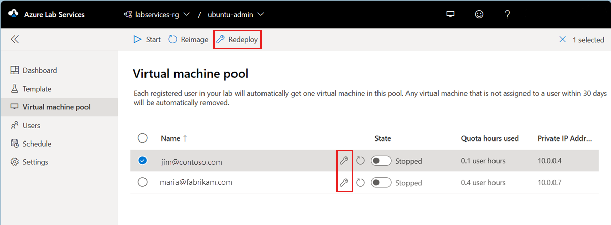 Captura de tela que mostra o pool de máquinas virtuais no portal da Web do Lab Services, destacando o botão Reimplantar.