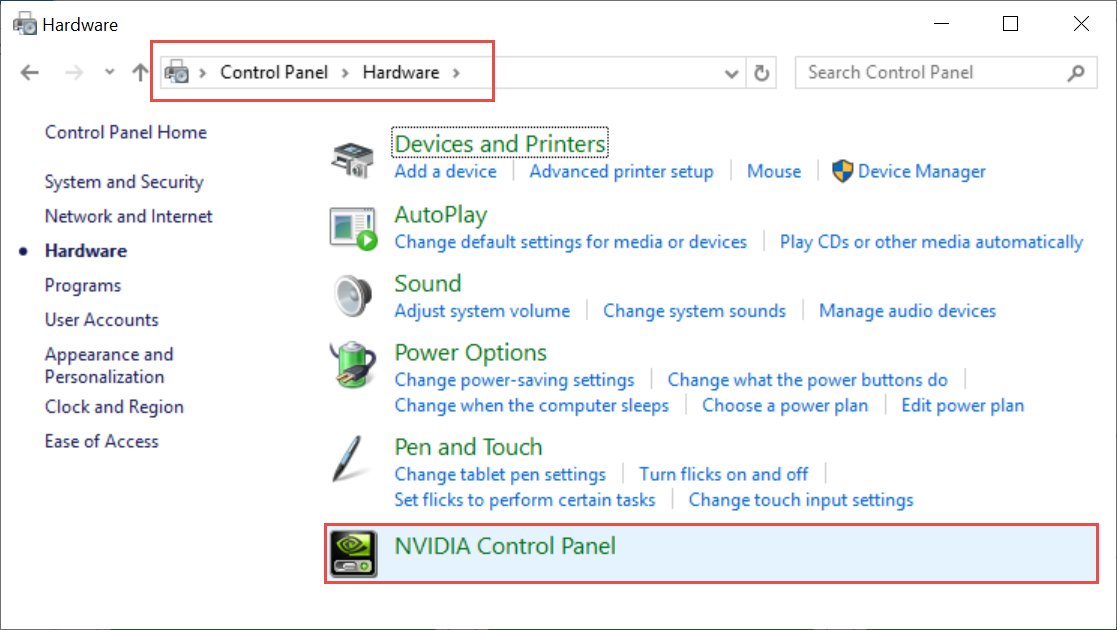 Captura de ecrã do Painel de Controlo do Windows a mostrar a ligação do Painel de Controlo NVIDIA.