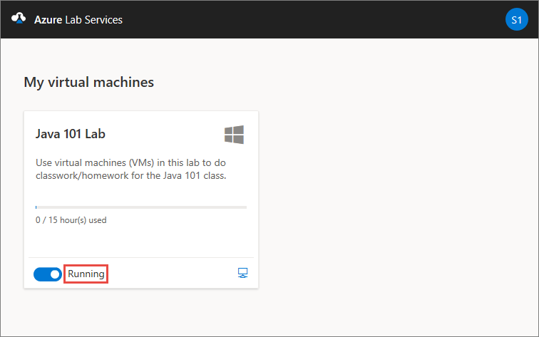 Captura de ecrã da página As minhas máquinas virtuais para os Serviços de Laboratório do Azure, realçando a etiqueta de estado no mosaico da VM.