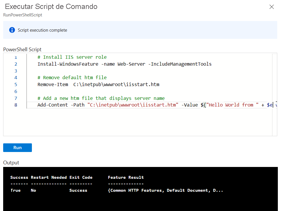 Screenshot of Run Command Script window with PowerShell code and output.