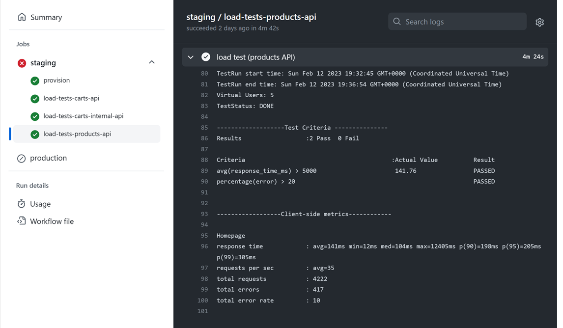 Screenshot that shows the GitHub Actions workflow logs, highlighting the error statistics information for a load test run.