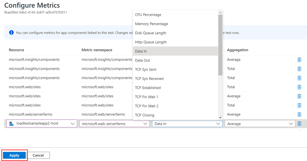 Screenshot que mostra uma lista de métricas de recursos para configurar para um teste de carga.