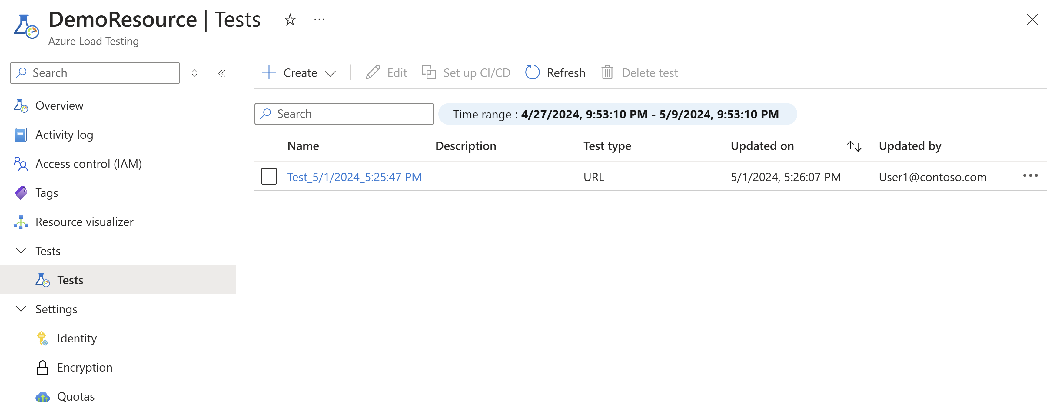 Captura de tela que mostra a página Teste de Carga do Azure e o botão para criar um novo teste.