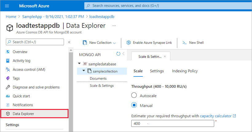 Screenshot que mostra Data Explorer separador.