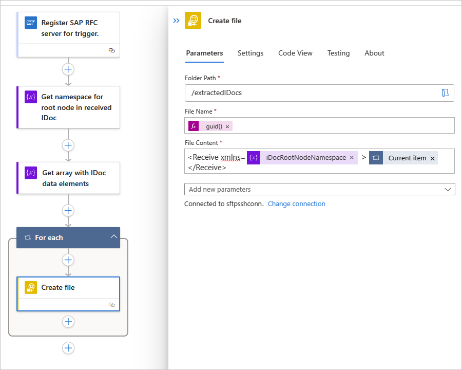 Screenshot shows sending an IDoc to an SFTP server from a Standard workflow.