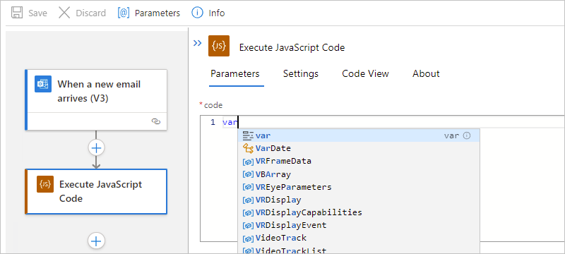 Captura de tela mostrando o fluxo de trabalho padrão, a ação Executar código JavaScript e a lista de preenchimento automático de palavras-chave.
