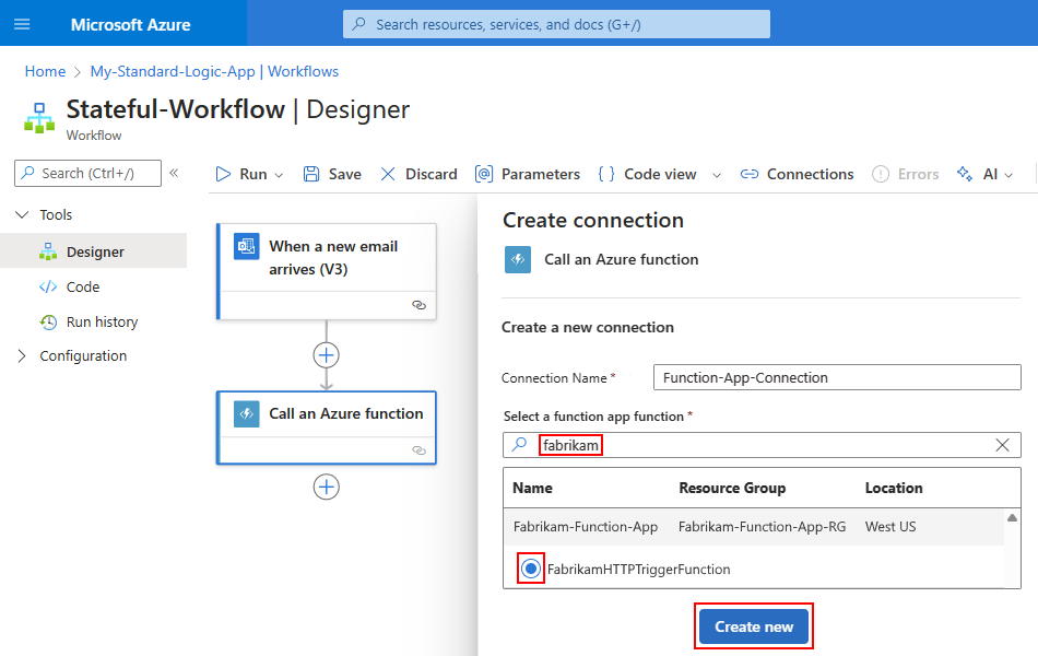 A captura de tela mostra o designer de fluxo de trabalho padrão com a função selecionada, o aplicativo e a função.