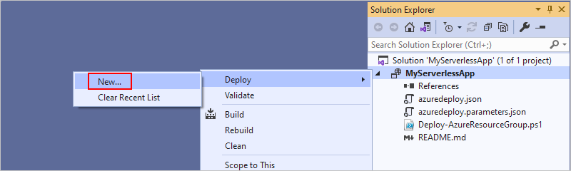 Captura de ecrã a mostrar Explorador de Soluções com o menu de atalho do projeto aberto, o menu