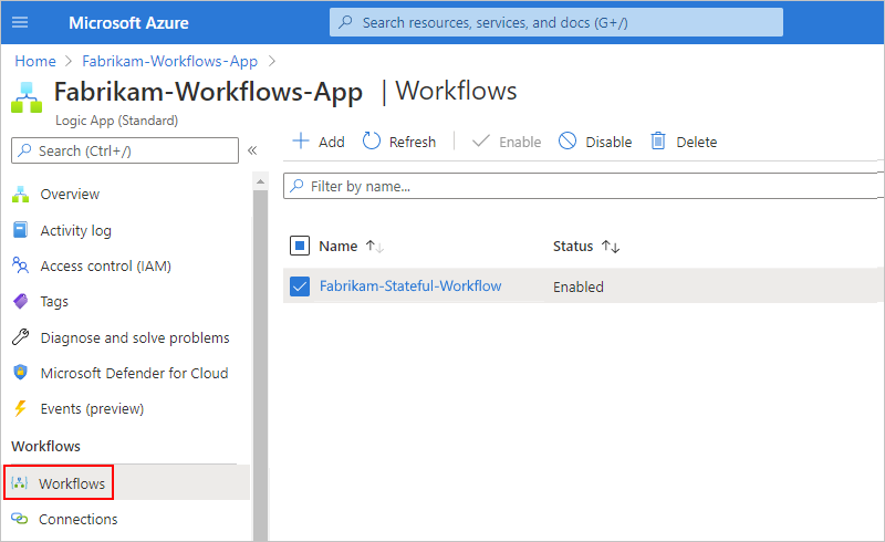 A captura de tela mostra a página de recursos do aplicativo lógico com o painel Fluxos de trabalho e fluxos de trabalho abertos.