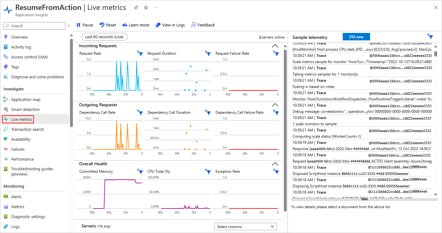 Screenshot shows Azure portal and Application Insights menu with selected item named Live metrics.