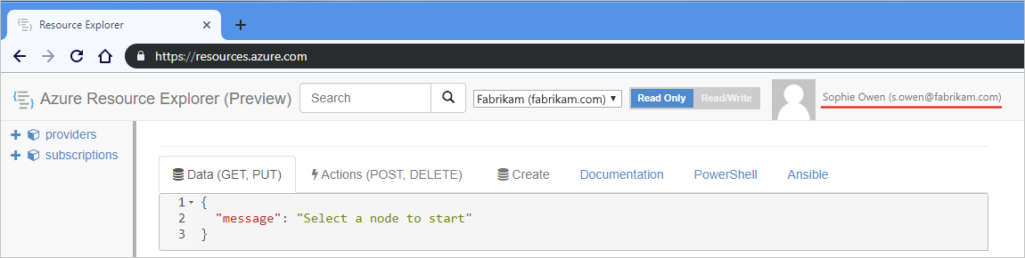 Screenshot que mostra um navegador web com Azure Resource Explorer.