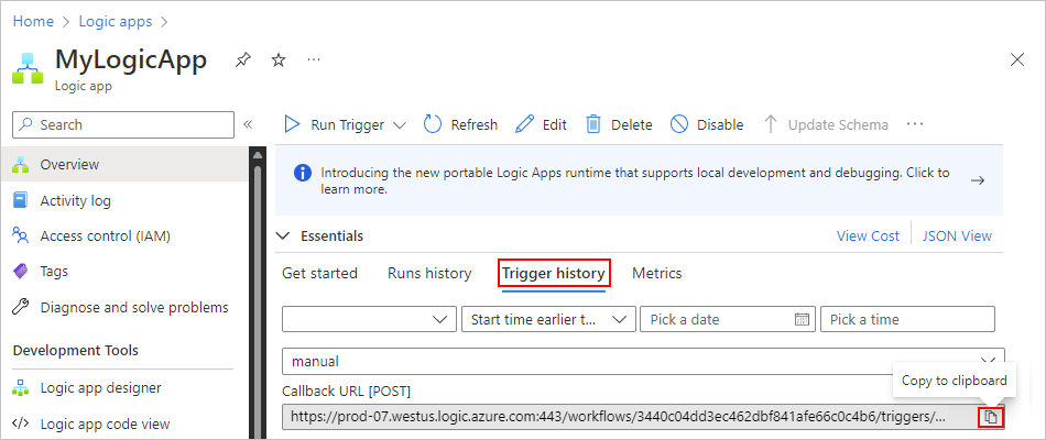 Screenshot mostrando o painel 'Overview' da aplicação lógica com 'Trigger history' selecionado.