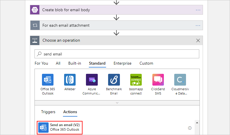 Captura de ecrã a mostrar a ação de envio de e-mail do Office 365 Outlook selecionada.