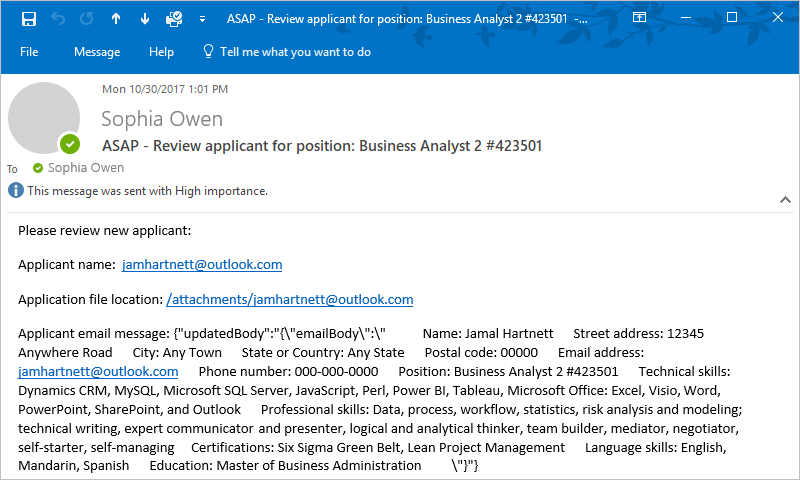 Captura de tela mostrando um exemplo de e-mail enviado pelo fluxo de trabalho do aplicativo lógico.