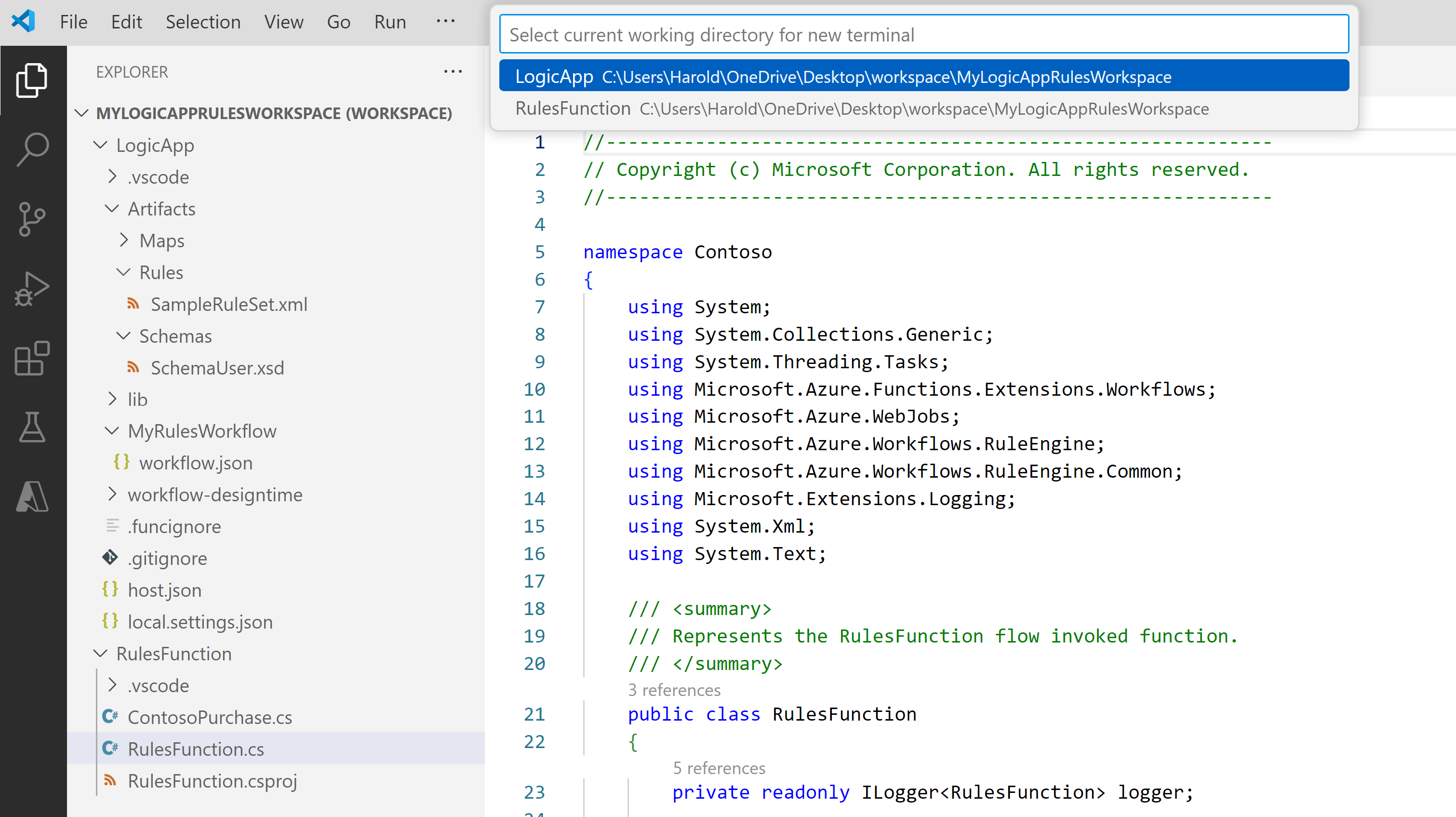 A captura de tela mostra o Visual Studio Code, o prompt para o diretório de trabalho atual e o diretório Functions selecionado.