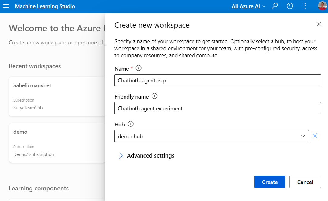 Captura de ecrã da criação de uma área de trabalho utilizando o hub no estúdio de Aprendizagem de Máquina do Azure.