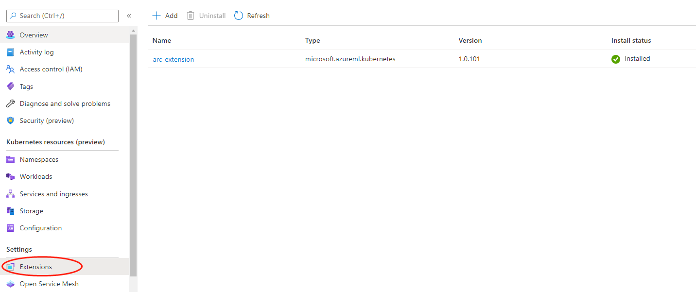 Captura de ecrã da listagem de extensões do Azure Machine Learning instaladas no portal do Azure.