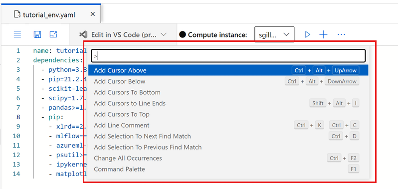 Captura de ecrã a mostrar a paleta de comandos no editor de ficheiros.
