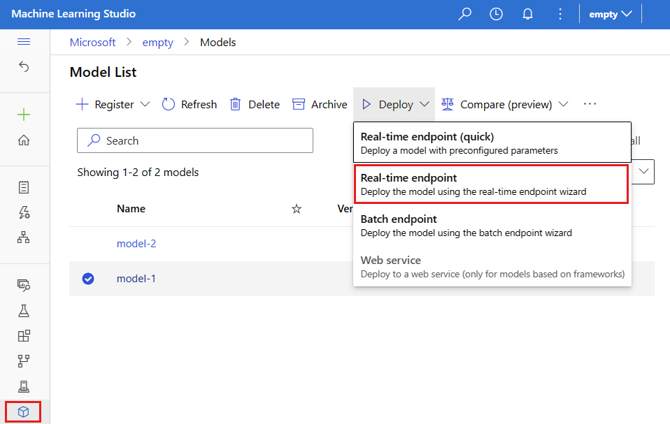 A screenshot of creating a managed online endpoint from the Models UI.