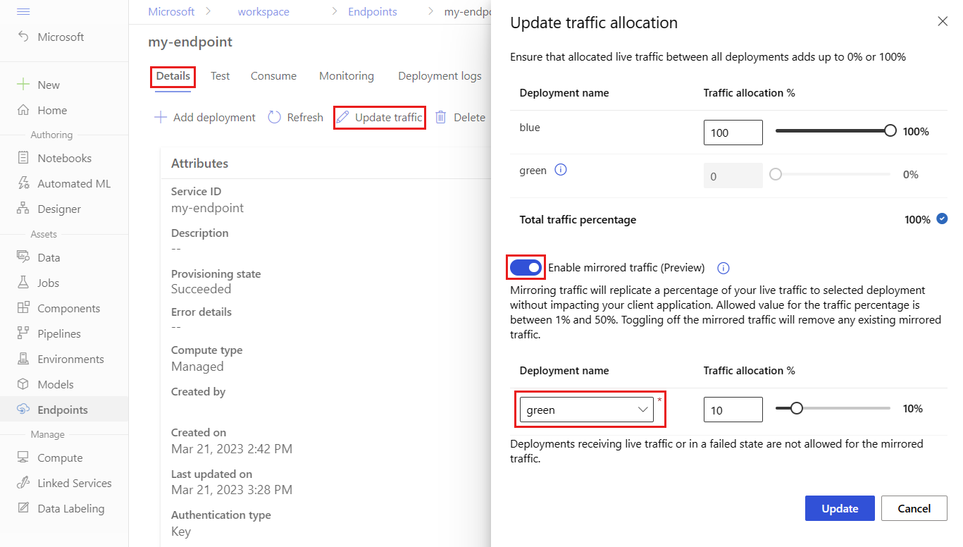 Screenshot showing how to mirror a percentage of traffic to the green deployment.