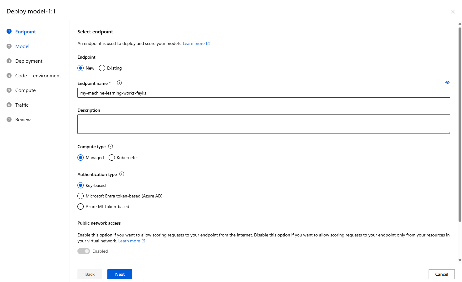 A screenshot of a managed online endpoint create wizard.