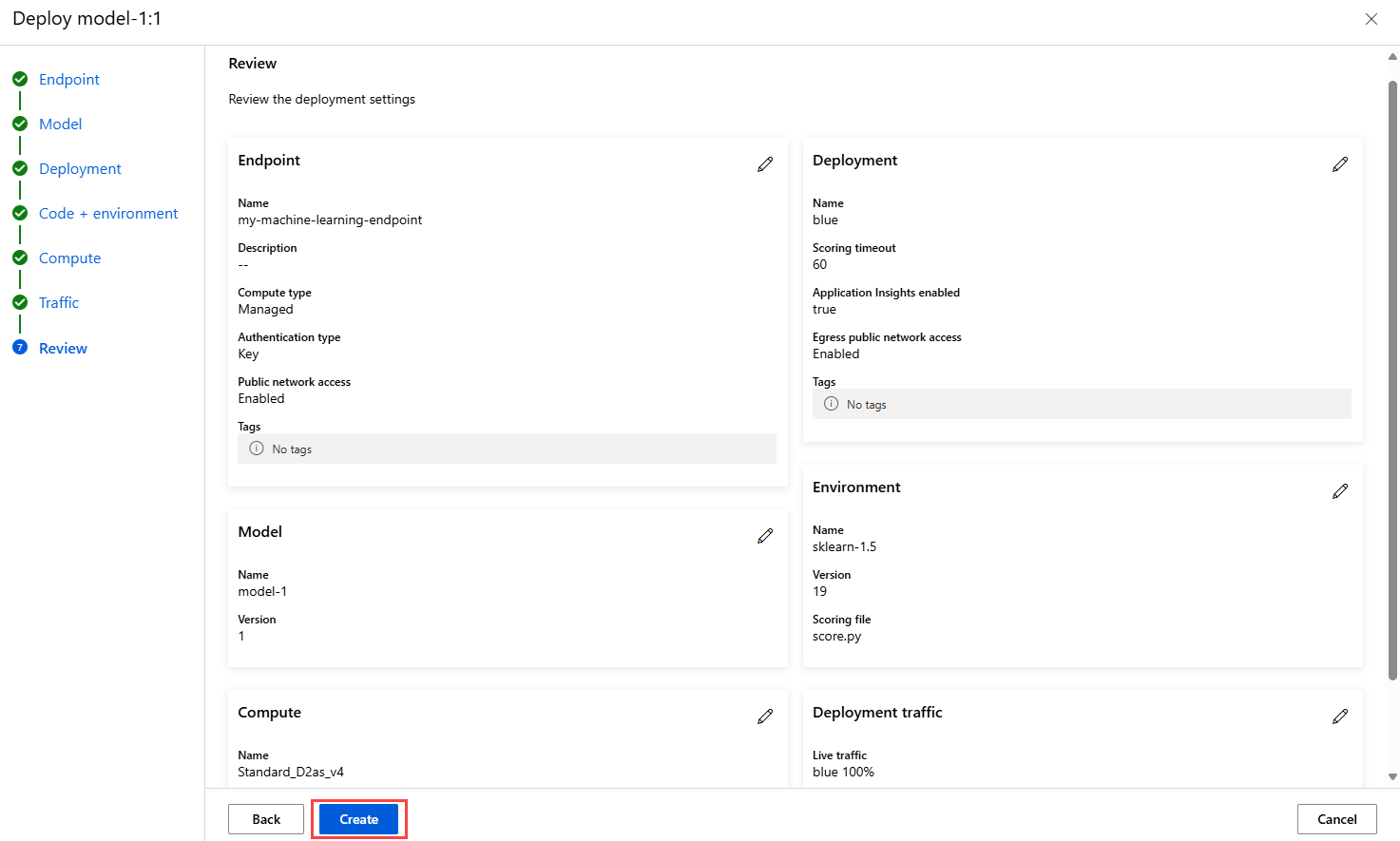 A screenshot showing the review page for creating a managed online endpoint with a deployment.