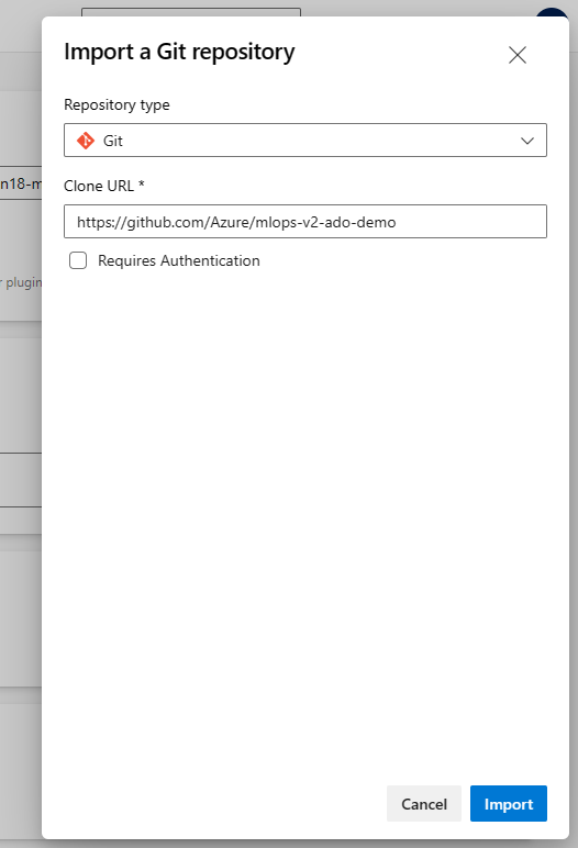 Captura de tela do repositório de demonstração de importação MLOps do Azure DevOps.