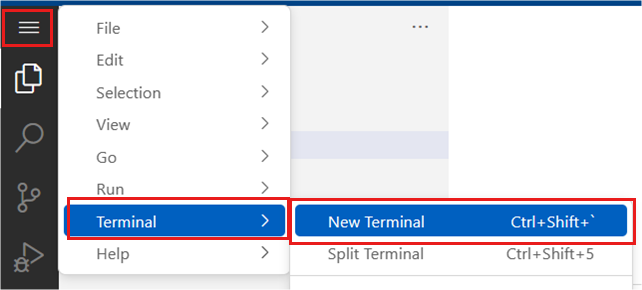 Captura de ecrã a mostrar a abertura da janela do terminal a partir do VS Code.