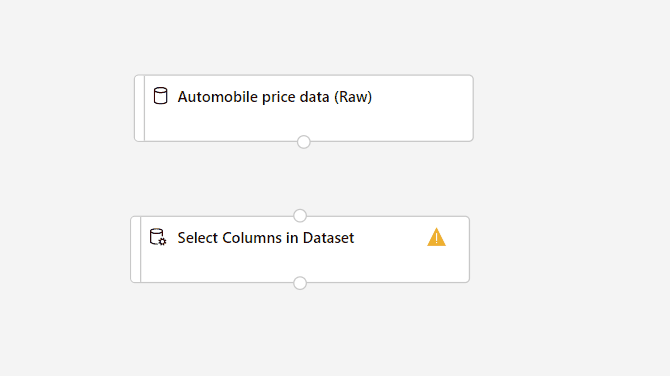 Screenshot da ligação do componente de dados de preços do automóvel para selecionar colunas no componente dataset.