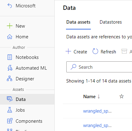 Destaques de screenshot Criar no separador de ativos de dados.