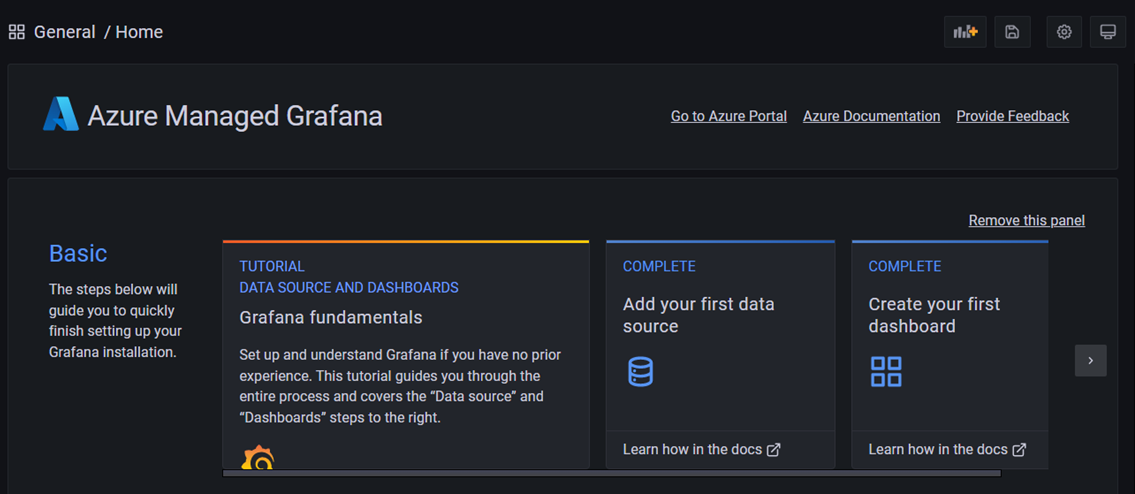 Captura de ecrã de uma instância do Azure Managed Grafana.