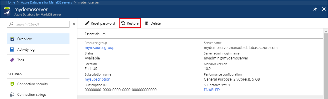 Azure Database for MariaDB - Overview - Restore button