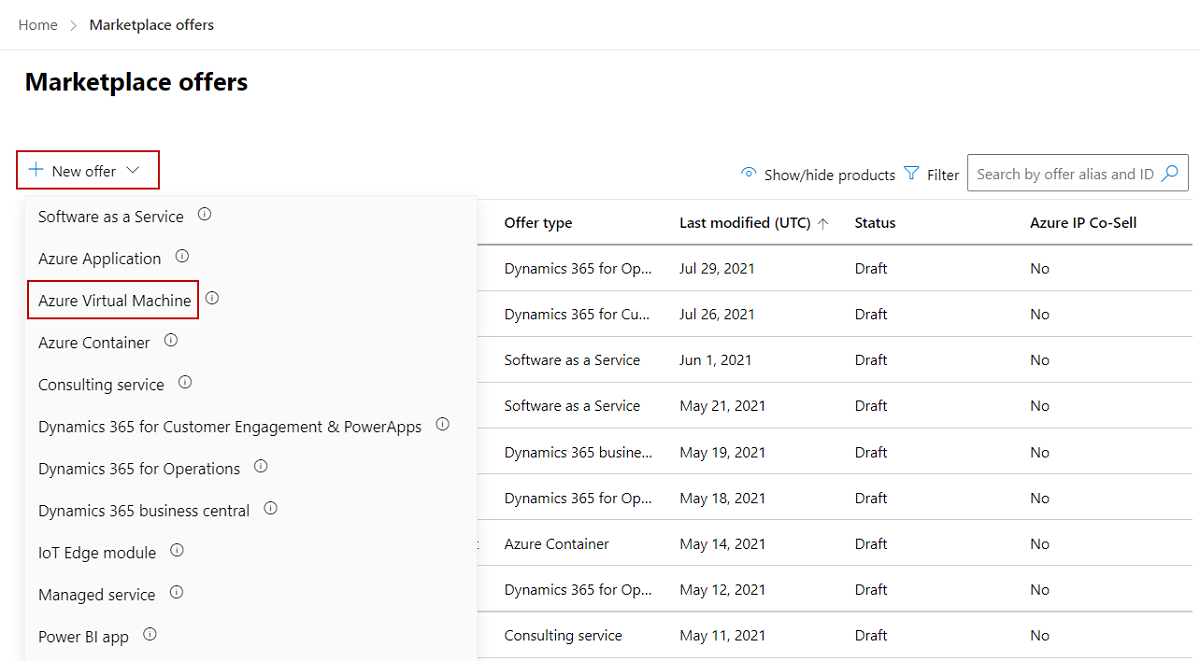 Screenshot showing the left pane menu options and the New Offer button.