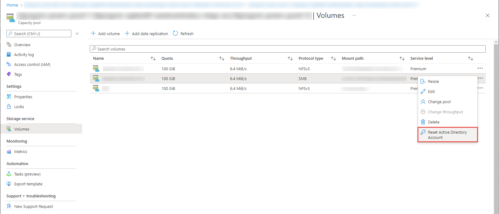 Lista de volumes Azure com o botão Reset Ative Directory Account realçado.
