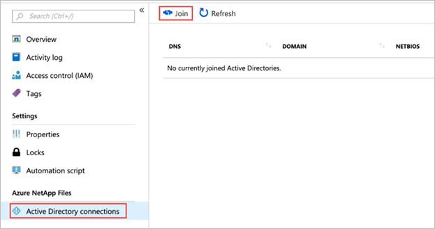 Screenshot mostrando o menu de ligações do Ative Directory. O botão de junção está realçado.
