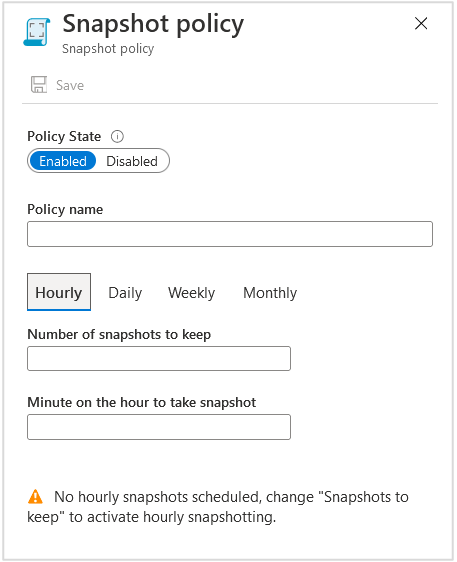 Screenshot that shows the hourly snapshot policy.