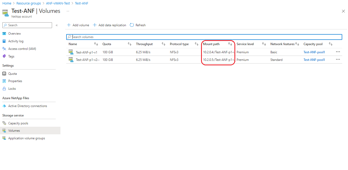 Captura de ecrã a mostrar o endereço IP privado de um volume de Azure NetApp Files listado como parte do caminho de montagem.
