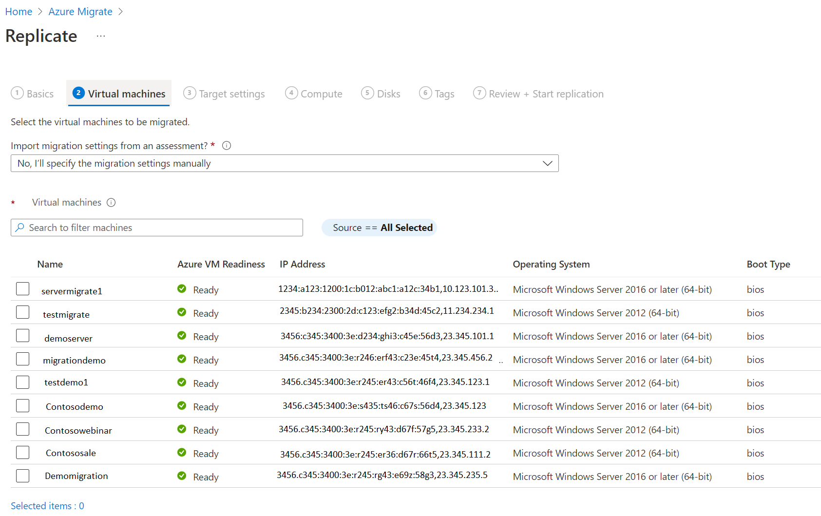 Captura de tela de VMs selecionadas.