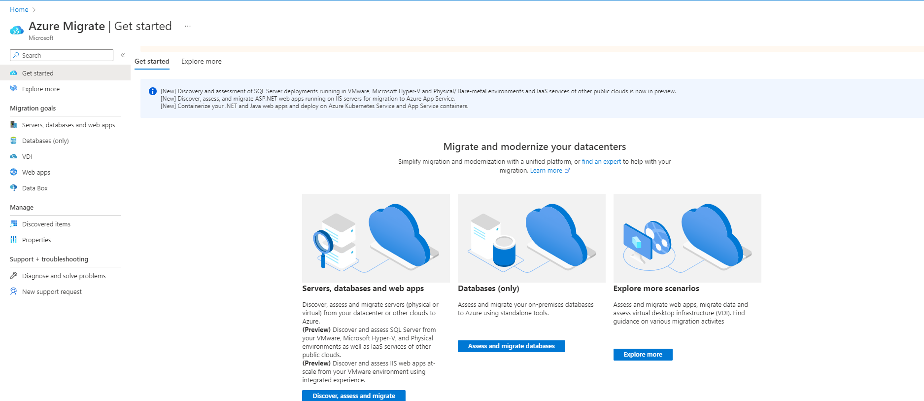 Captura de ecrã do ecrã Introdução do Azure Migrate.