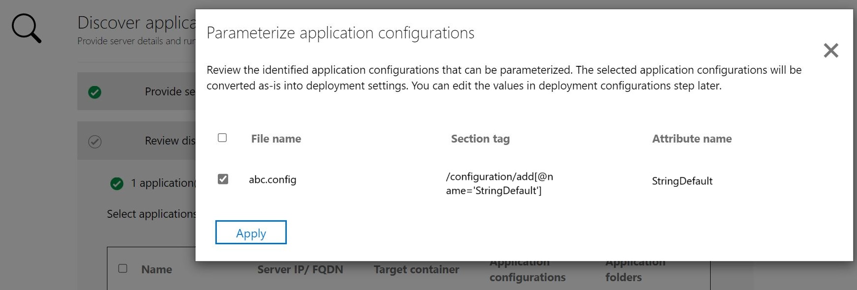 Captura de ecrã para parametrização da configuração do aplicativo ASP.NET.