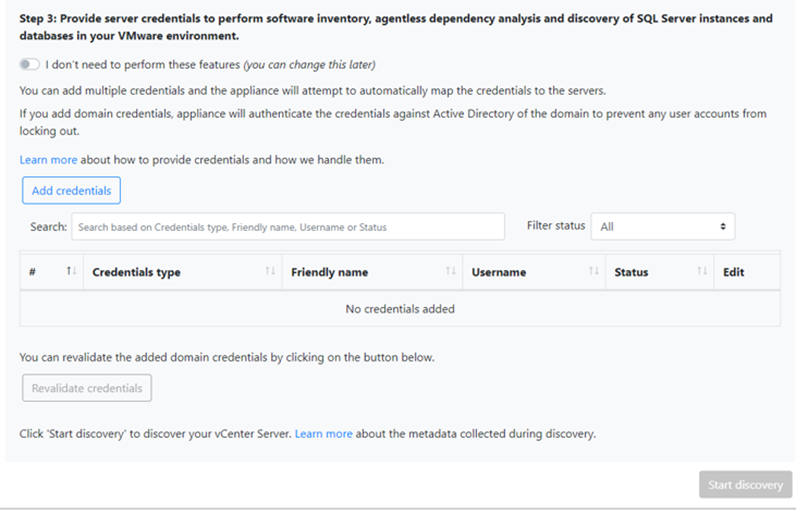 Captura de tela que mostra o fornecimento de credenciais para inventário de software, análise de dependência e descoberta de servidor s q l.