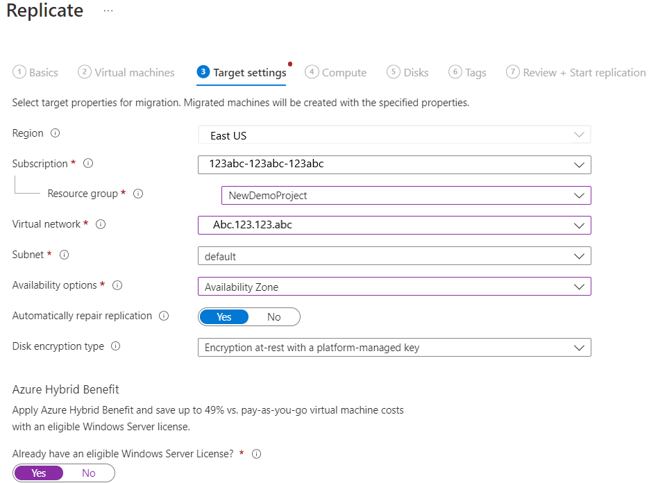 Captura de tela das configurações de destino.