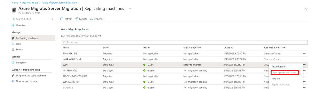 Captura de tela que mostra Limpar migração de teste.