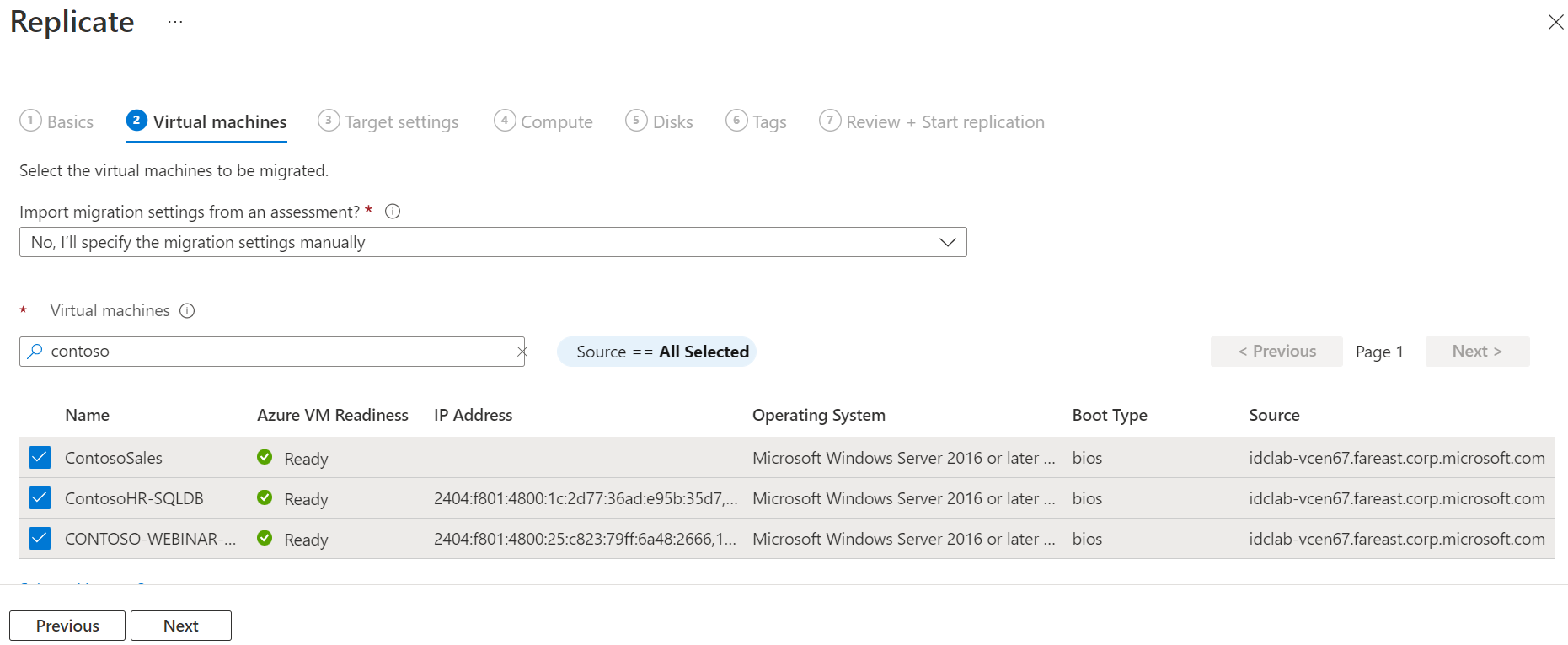 Captura de tela ao selecionar VMs.