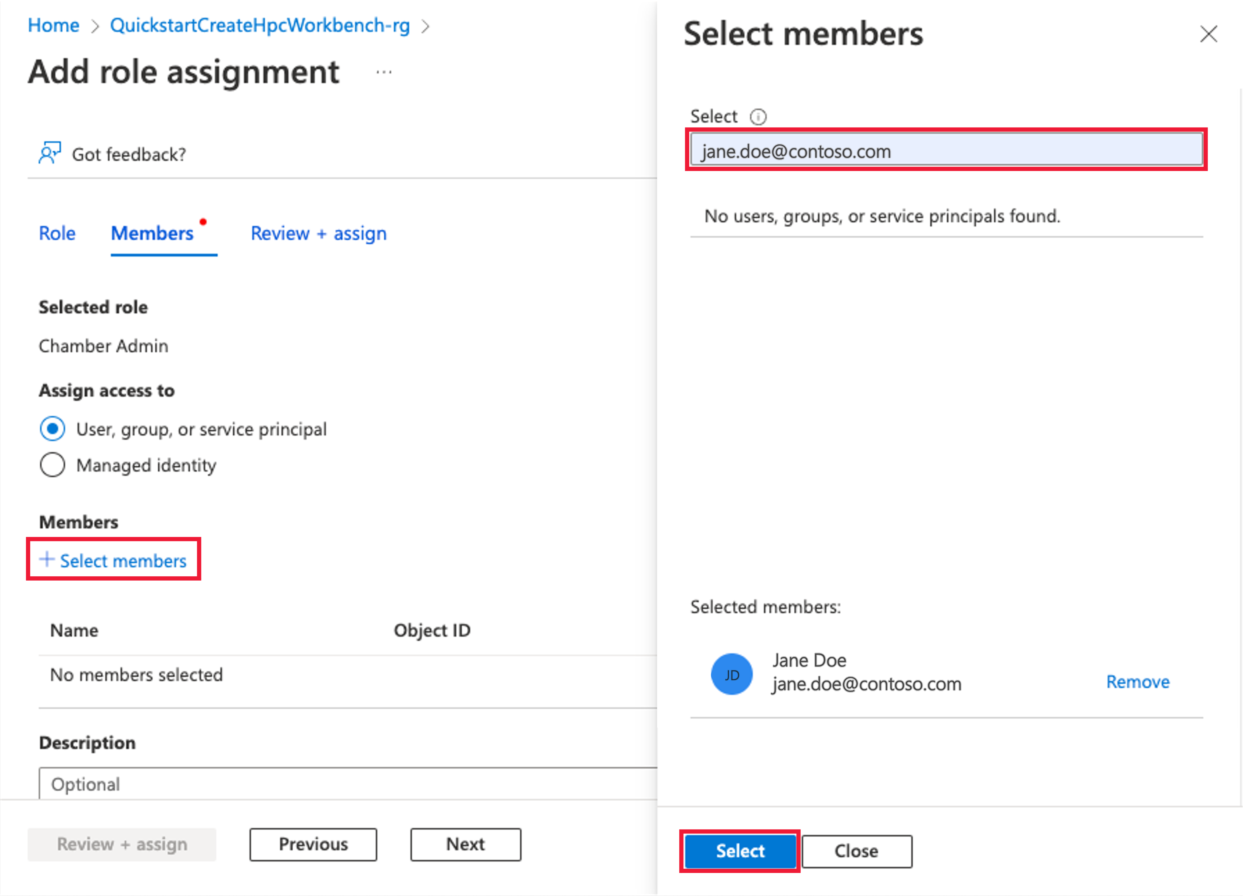 Screenshot of the pane for adding a role assignment and selecting a security principal.